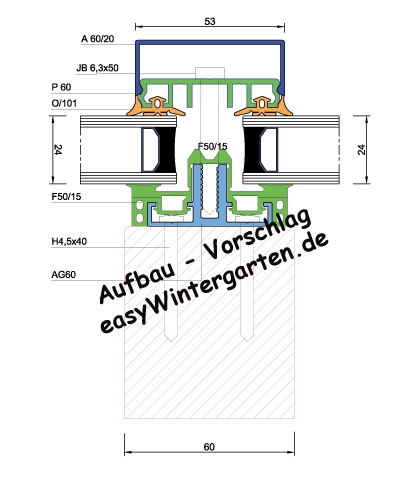 Glasauflageprofil AG.60.e Alu für Wintergärten und Glasdächer