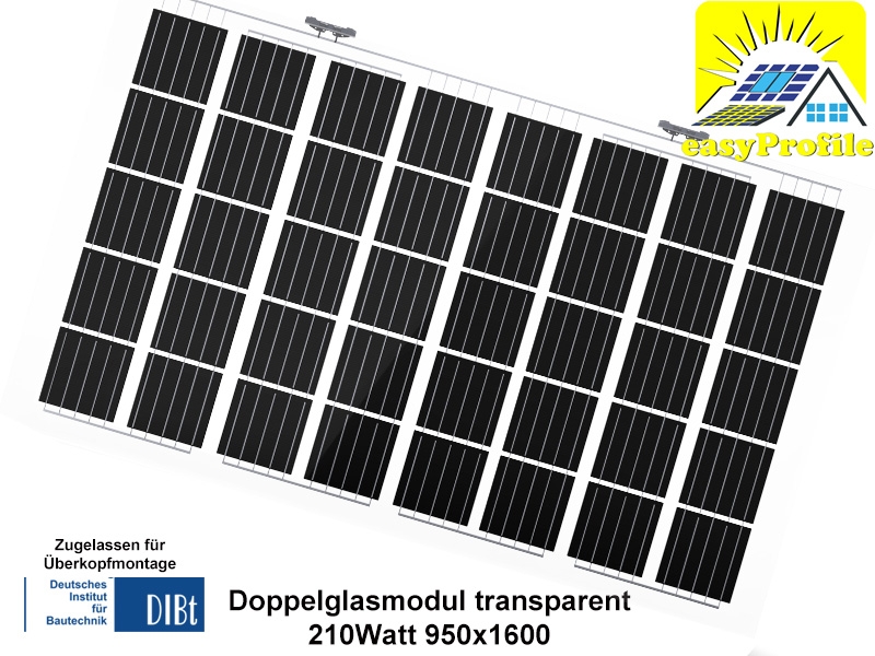 Solarglas Doppelglasmodul Transparent ca. 30% 210Wp 950x1600